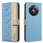 For Realme 12 5G Global Splicing Color Hollow Flower Pattern RFID Leather Phone Case(Baby Blue)