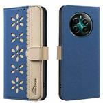 For Realme 12+ 5G Splicing Color Hollow Flower Pattern RFID Leather Phone Case(Dark Blue)