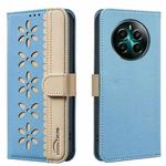 For Realme 12+ 5G Splicing Color Hollow Flower Pattern RFID Leather Phone Case(Baby Blue)