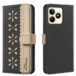 For Realme C53 Splicing Color Hollow Flower Pattern RFID Leather Phone Case(Black)