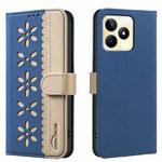 For Realme C53 Splicing Color Hollow Flower Pattern RFID Leather Phone Case(Dark Blue)