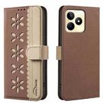 For Realme C53 Splicing Color Hollow Flower Pattern RFID Leather Phone Case(Brown)