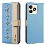 For Realme C53 Splicing Color Hollow Flower Pattern RFID Leather Phone Case(Baby Blue)