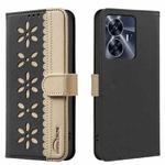 For Realme C55 Splicing Color Hollow Flower Pattern RFID Leather Phone Case(Black)