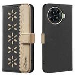 For Tecno Spark 20 Pro+ Splicing Color Hollow Flower Pattern RFID Leather Phone Case(Black)