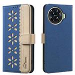 For Tecno Spark 20 Pro+ Splicing Color Hollow Flower Pattern RFID Leather Phone Case(Dark Blue)