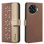 For Tecno Spark 20 Pro+ Splicing Color Hollow Flower Pattern RFID Leather Phone Case(Brown)