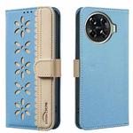 For Tecno Spark 20 Pro+ Splicing Color Hollow Flower Pattern RFID Leather Phone Case(Baby Blue)