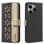 For Tecno Spark 20 Pro Splicing Color Hollow Flower Pattern RFID Leather Phone Case(Black)