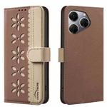 For Tecno Spark 20 Pro Splicing Color Hollow Flower Pattern RFID Leather Phone Case(Brown)