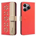 For Tecno Spark 20 Pro Splicing Color Hollow Flower Pattern RFID Leather Phone Case(Red)