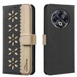 For Tecno Spark 30 4G Splicing Color Hollow Flower Pattern RFID Leather Phone Case(Black)