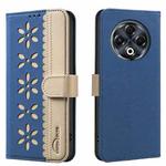 For Tecno Spark 30 4G Splicing Color Hollow Flower Pattern RFID Leather Phone Case(Dark Blue)