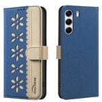 For Tecno Camon 40 Pro 4G Splicing Color Hollow Flower Pattern RFID Leather Phone Case(Dark Blue)