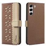 For Tecno Camon 40 Pro 4G Splicing Color Hollow Flower Pattern RFID Leather Phone Case(Brown)