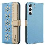 For Tecno Camon 40 Pro 4G Splicing Color Hollow Flower Pattern RFID Leather Phone Case(Baby Blue)