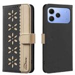 For Tecno Spark 40 4G Splicing Color Hollow Flower Pattern RFID Leather Phone Case(Black)