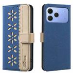 For Tecno Spark 40 4G Splicing Color Hollow Flower Pattern RFID Leather Phone Case(Dark Blue)