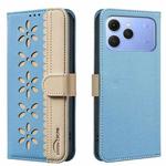 For Tecno Spark 40 4G Splicing Color Hollow Flower Pattern RFID Leather Phone Case(Baby Blue)