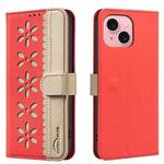For iPhone 13 / 14 Splicing Color Hollow Flower Pattern RFID Leather Phone Case(Red)