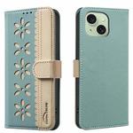 For iPhone 14 Plus / 15 Plus Splicing Color Hollow Flower Pattern RFID Leather Phone Case(Green)