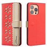 For iPhone 14 Pro Max Splicing Color Hollow Flower Pattern RFID Leather Phone Case(Red)