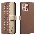 For iPhone 14 Pro Splicing Color Hollow Flower Pattern RFID Leather Phone Case(Brown)
