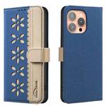 For iPhone 15 Pro Max Splicing Color Hollow Flower Pattern RFID Leather Phone Case(Dark Blue)