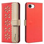 For iPhone 16e Splicing Color Hollow Flower Pattern RFID Leather Phone Case(Red)