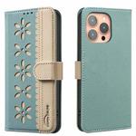 For iPhone 16 Pro Splicing Color Hollow Flower Pattern RFID Leather Phone Case(Green)
