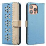 For iPhone 16 Pro Splicing Color Hollow Flower Pattern RFID Leather Phone Case(Baby Blue)