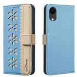 For iPhone XR Splicing Color Hollow Flower Pattern RFID Leather Phone Case(Baby Blue)