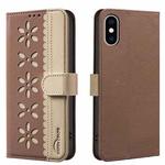 For iPhone XS Max Splicing Color Hollow Flower Pattern RFID Leather Phone Case(Brown)