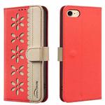 For iPhone 6 / 7 / 8 Splicing Color Hollow Flower Pattern RFID Leather Phone Case(Red)