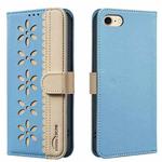 For iPhone 6 / 7 / 8 Splicing Color Hollow Flower Pattern RFID Leather Phone Case(Baby Blue)