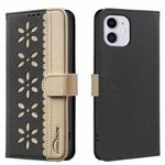 For iPhone 11 Splicing Color Hollow Flower Pattern RFID Leather Phone Case(Black)