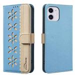 For iPhone 11 Splicing Color Hollow Flower Pattern RFID Leather Phone Case(Baby Blue)