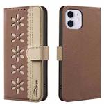 For iPhone 12 / 12 Pro Splicing Color Hollow Flower Pattern RFID Leather Phone Case(Brown)