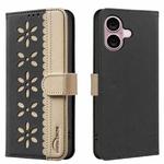 For iPhone 16 Plus Splicing Color Hollow Flower Pattern RFID Leather Phone Case(Black)