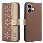 For iPhone 16 Plus Splicing Color Hollow Flower Pattern RFID Leather Phone Case(Brown)