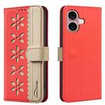 For iPhone 16 Plus Splicing Color Hollow Flower Pattern RFID Leather Phone Case(Red)