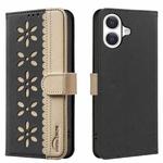 For iPhone 17 Splicing Color Hollow Flower Pattern RFID Leather Phone Case(Black)