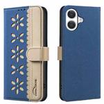 For iPhone 17 Splicing Color Hollow Flower Pattern RFID Leather Phone Case(Dark Blue)