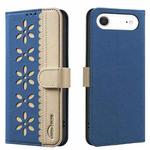 For iPhone 17 Air Splicing Color Hollow Flower Pattern RFID Leather Phone Case(Dark Blue)