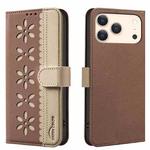 For iPhone 17 Pro Splicing Color Hollow Flower Pattern RFID Leather Phone Case(Brown)