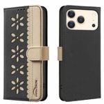 For iPhone 17 Pro Max Splicing Color Hollow Flower Pattern RFID Leather Phone Case(Black)