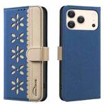 For iPhone 17 Pro Max Splicing Color Hollow Flower Pattern RFID Leather Phone Case(Dark Blue)