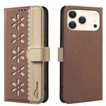 For iPhone 17 Pro Max Splicing Color Hollow Flower Pattern RFID Leather Phone Case(Brown)