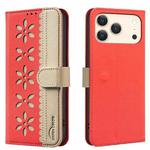 For iPhone 17 Pro Max Splicing Color Hollow Flower Pattern RFID Leather Phone Case(Red)