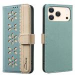 For iPhone 17 Pro Max Splicing Color Hollow Flower Pattern RFID Leather Phone Case(Green)